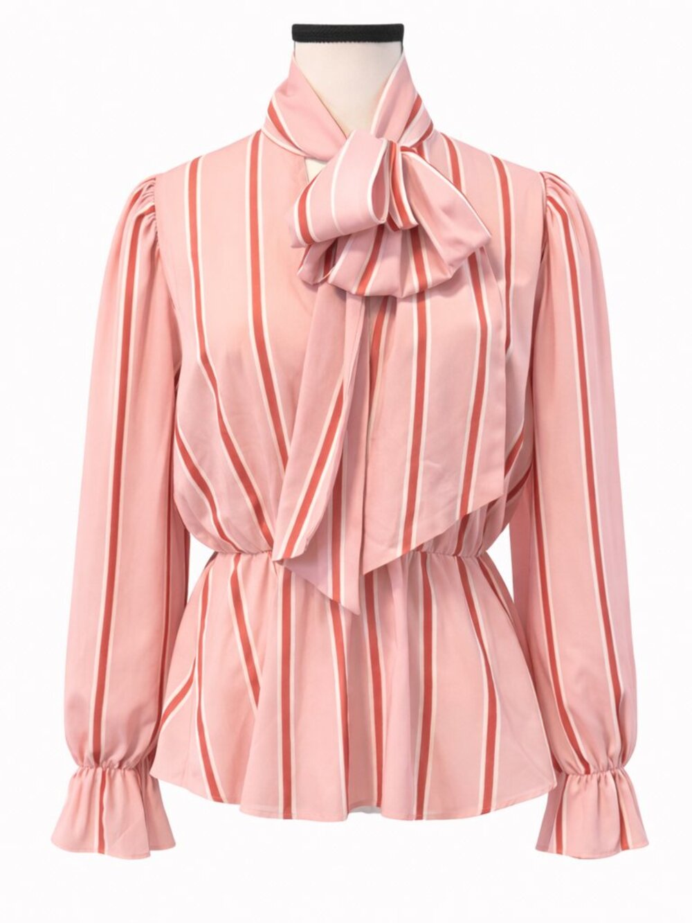 THE MOON Pink Stripe Tie Neck Peplum Blouse Size M Romantic Puff Sleeve Top - Picture 7 of 8